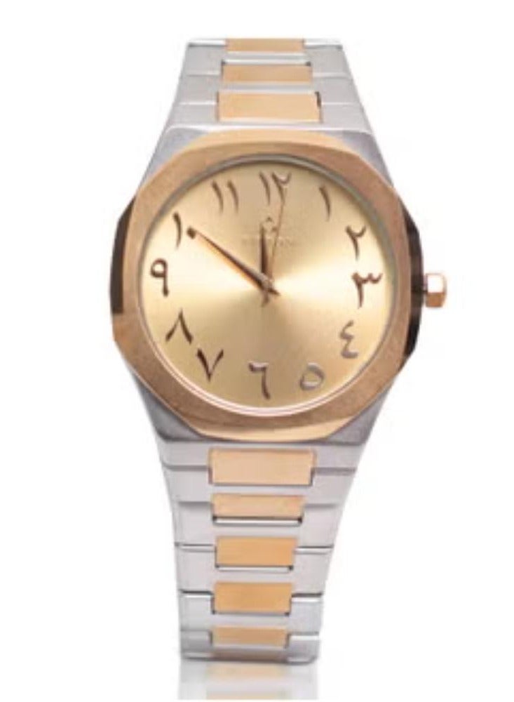 Men's Gold/Silver Wrist Watch with Gold Dial and Arabic Numbers - Image 1