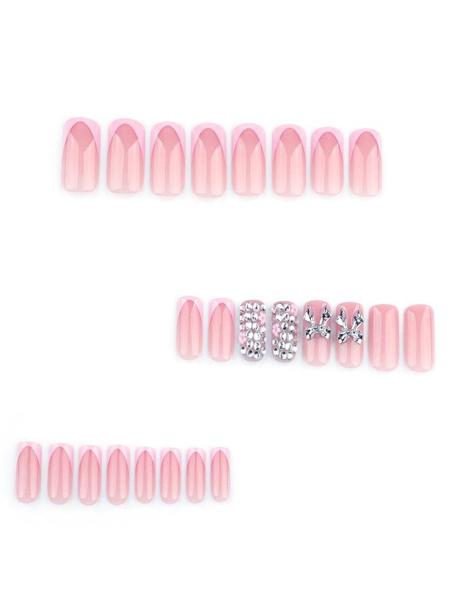 CTTHNBD Short Press on Nails Square - Pink French Tip Fake Nails with Silver Bow Design - Rhinestone, Glossy Full Cover Stick on False Nails - for Women 24 Pcs - Image 2