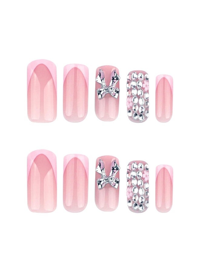 CTTHNBD Short Press on Nails Square - Pink French Tip Fake Nails with Silver Bow Design - Rhinestone, Glossy Full Cover Stick on False Nails - for Women 24 Pcs - Image 5