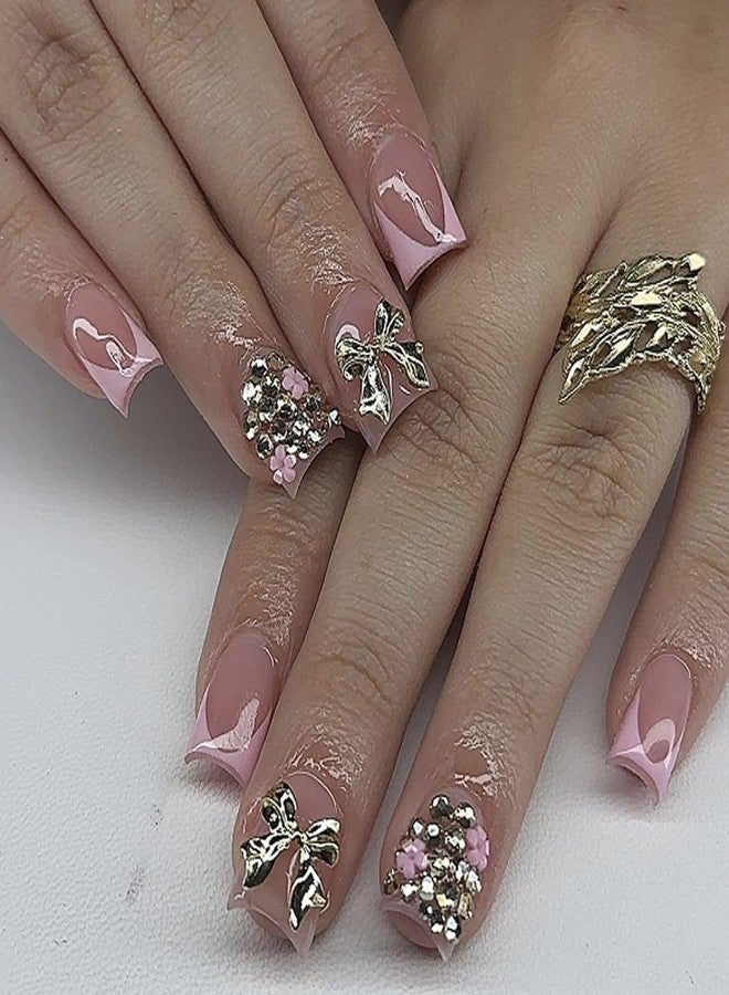 CTTHNBD Short Press on Nails Square - Pink French Tip Fake Nails with Silver Bow Design - Rhinestone, Glossy Full Cover Stick on False Nails - for Women 24 Pcs - Image 1