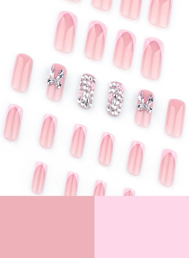 CTTHNBD Short Press on Nails Square - Pink French Tip Fake Nails with Silver Bow Design - Rhinestone, Glossy Full Cover Stick on False Nails - for Women 24 Pcs - Image 4