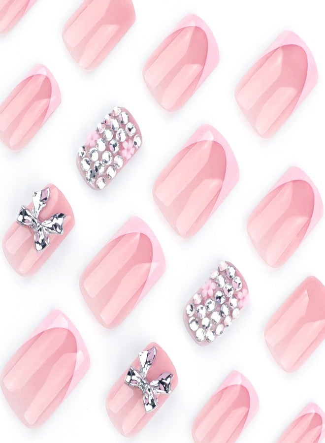 CTTHNBD Short Press on Nails Square - Pink French Tip Fake Nails with Silver Bow Design - Rhinestone, Glossy Full Cover Stick on False Nails - for Women 24 Pcs - Image 3