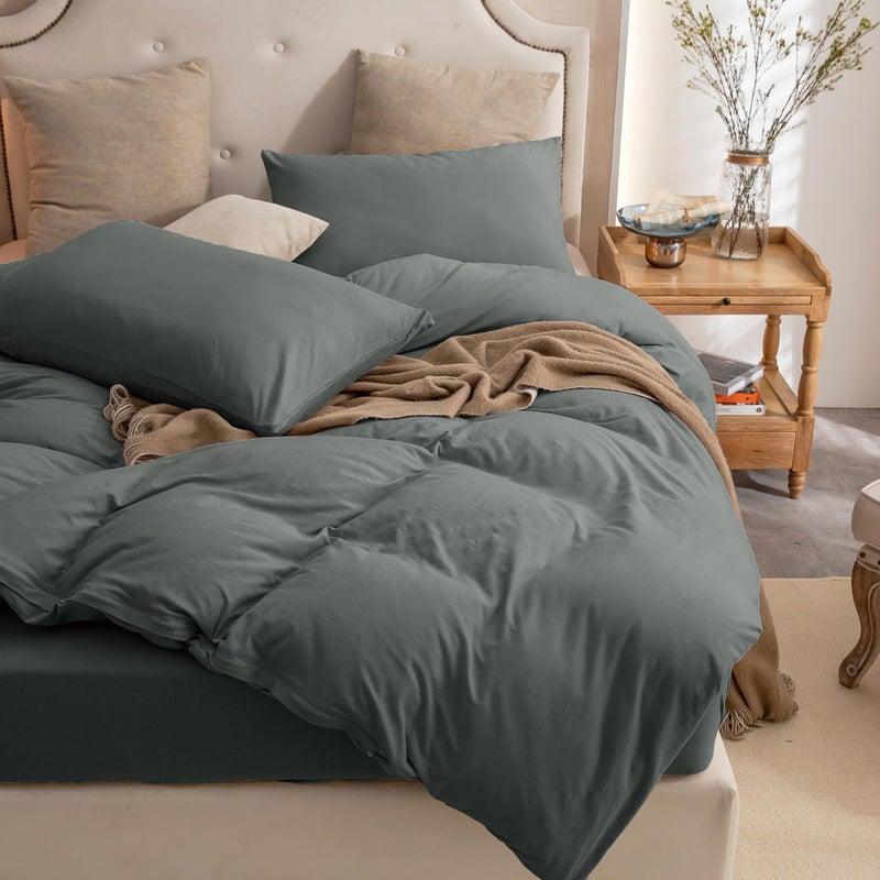 PURE ERA PURE ERA Jersey Knit Duvet Cover Set 100% T-Shirt Cotton Super Soft Comfy 3pc Bedding Set with Zipper Closure (Solid Dark Greenish Gray  Queen) - Image 3