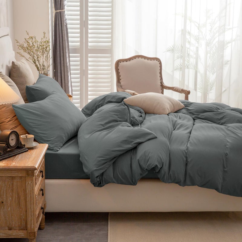 PURE ERA PURE ERA Jersey Knit Duvet Cover Set 100% T-Shirt Cotton Super Soft Comfy 3pc Bedding Set with Zipper Closure (Solid Dark Greenish Gray  Queen) - Image 2