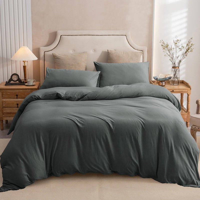 PURE ERA PURE ERA Jersey Knit Duvet Cover Set 100% T-Shirt Cotton Super Soft Comfy 3pc Bedding Set with Zipper Closure (Solid Dark Greenish Gray  Queen) - Image 5