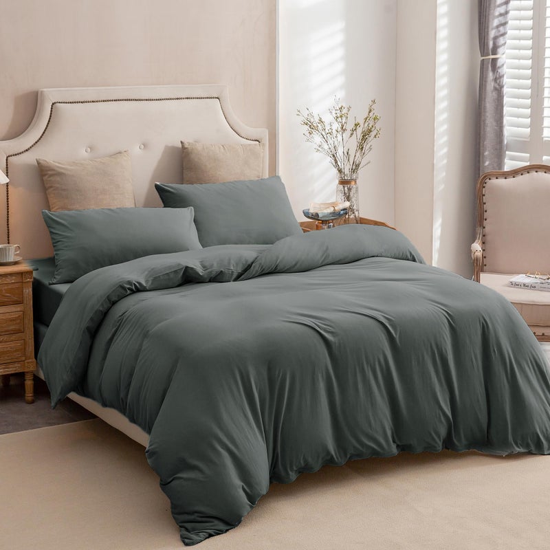 PURE ERA PURE ERA Jersey Knit Duvet Cover Set 100% T-Shirt Cotton Super Soft Comfy 3pc Bedding Set with Zipper Closure (Solid Dark Greenish Gray  Queen) - Image 4
