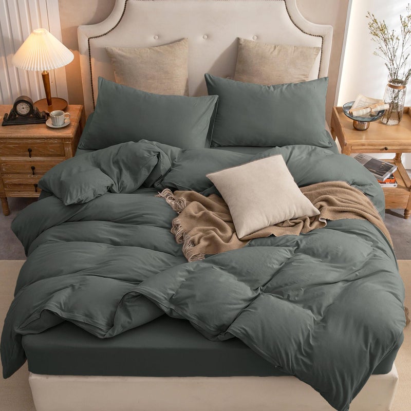PURE ERA PURE ERA Jersey Knit Duvet Cover Set 100% T-Shirt Cotton Super Soft Comfy 3pc Bedding Set with Zipper Closure (Solid Dark Greenish Gray  Queen) - Image 1