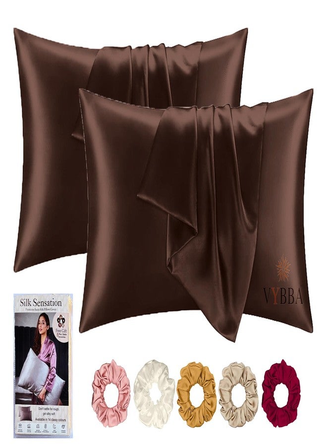 VYBBA Satin Silk Pillow Covers for Hair and Skin Set of 2 Piece with 5 Piece Satin Silk Scrunchies for Women Stylish | Satin Pillow Cover | Silk Pillow Cases 600 TC (Brown) - Image 1