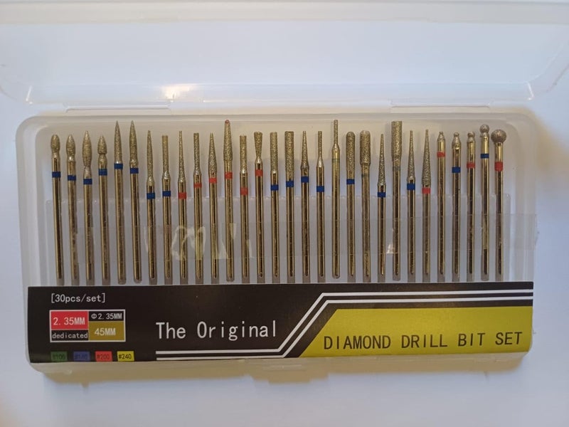 Diamond grinding bit set, 30 pieces, drill bits in various shapes, carving bit set, rotary bits, 2.35 mm shank, compatible with rotary tools (silver color)