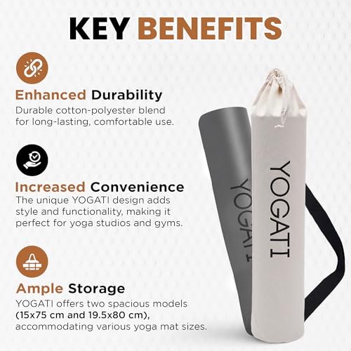 YOGATI® Cotton Yoga Mat Bag with Adjustable Strap | Durable Yoga Bag for Mats, Perfect for Pilates and Fitness Enthusiasts | Can Fit Thick and Even Wide Yoga Mats to Protect and Carry Around - Beige - Image 2