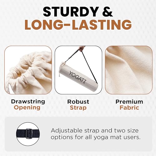 YOGATI® Cotton Yoga Mat Bag with Adjustable Strap | Durable Yoga Bag for Mats, Perfect for Pilates and Fitness Enthusiasts | Can Fit Thick and Even Wide Yoga Mats to Protect and Carry Around - Beige - Image 3