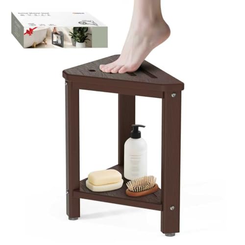 ONSGLM Shower Foot Rest 15in, HDPE Waterproof Shower Stool for Inside Shower, Corner Shower Stool for Shaving Legs with Storage Shelf for Small Space, Shower Step Stool, Plastic Corner Shower Bench, Brown - Image 1