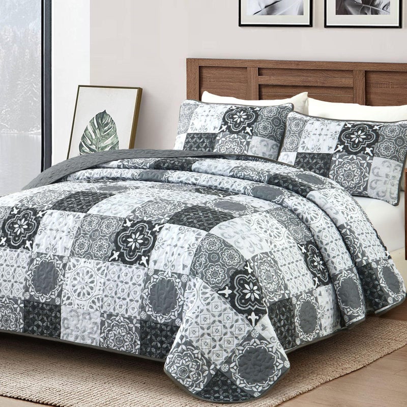 Dobuyly Grey Black Quilt Set Queen Size, Boho Plaid Patchwork Bedspreads Coverlet Set, 3 Pieces Soft Lightweight Microfiber Farmhouse Quilt Bedding Set for All Seasons 96"x90" - Image 2