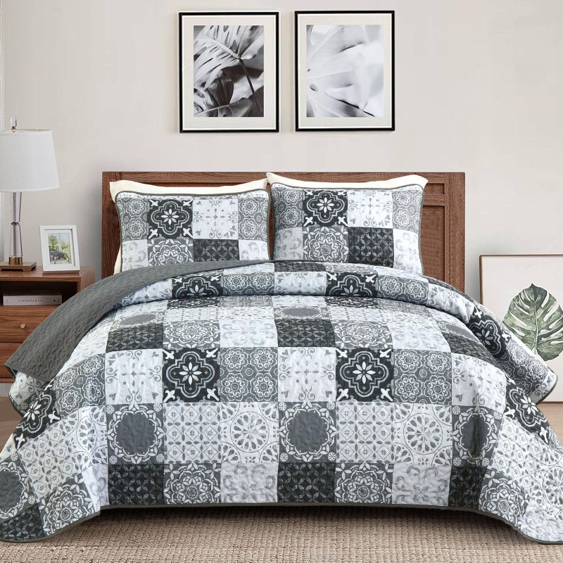Dobuyly Grey Black Quilt Set Queen Size, Boho Plaid Patchwork Bedspreads Coverlet Set, 3 Pieces Soft Lightweight Microfiber Farmhouse Quilt Bedding Set for All Seasons 96"x90" - Image 1