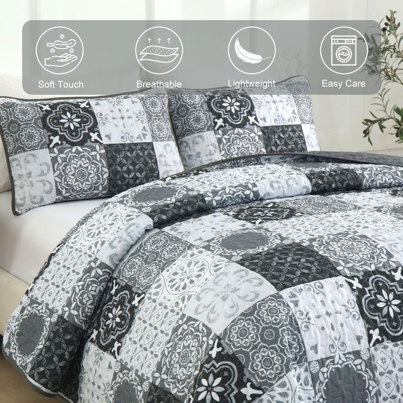 Dobuyly Grey Black Quilt Set Queen Size, Boho Plaid Patchwork Bedspreads Coverlet Set, 3 Pieces Soft Lightweight Microfiber Farmhouse Quilt Bedding Set for All Seasons 96"x90" - Image 4