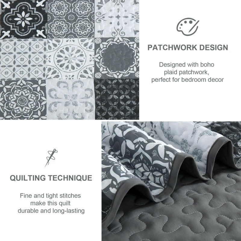 Dobuyly Grey Black Quilt Set Queen Size, Boho Plaid Patchwork Bedspreads Coverlet Set, 3 Pieces Soft Lightweight Microfiber Farmhouse Quilt Bedding Set for All Seasons 96"x90" - Image 5