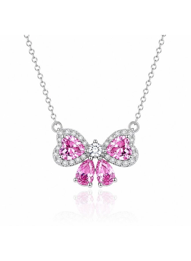 RAFAL Bow Sparkle Women's Silver-Tone Statement Necklace with Pink Pear-Cut and Clear Halo Crystals - Image 1