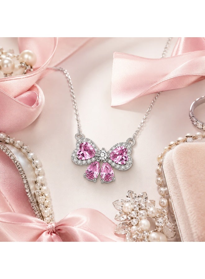 RAFAL Bow Sparkle Women's Silver-Tone Statement Necklace with Pink Pear-Cut and Clear Halo Crystals - Image 3