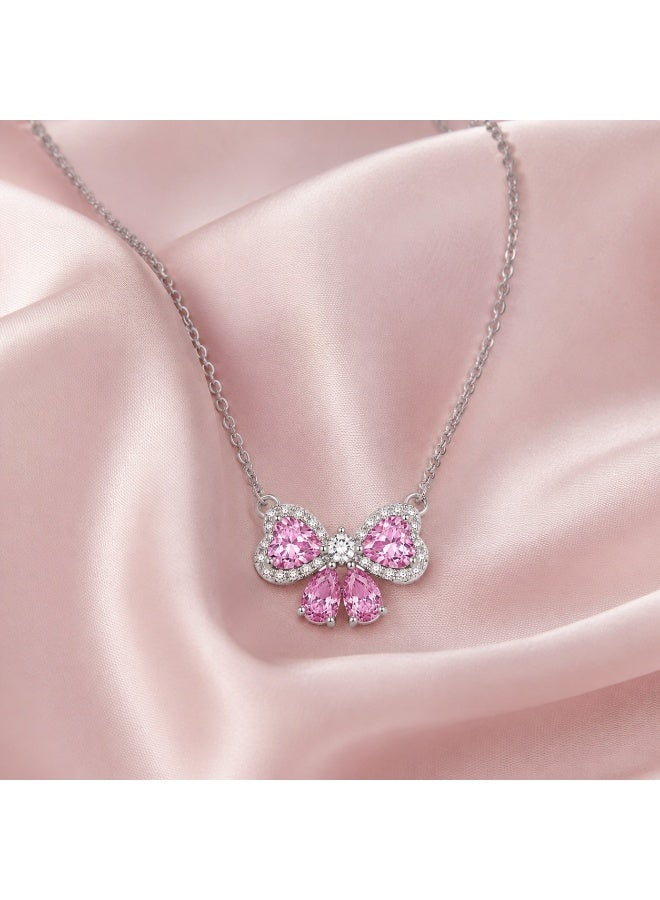 RAFAL Bow Sparkle Women's Silver-Tone Statement Necklace with Pink Pear-Cut and Clear Halo Crystals - Image 2