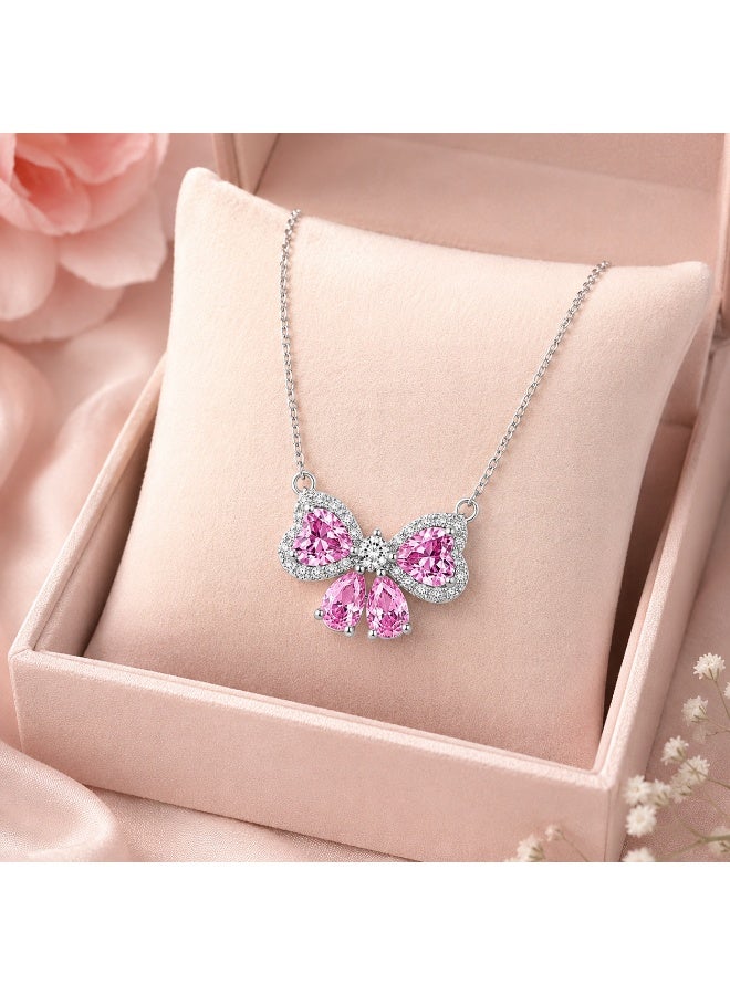 RAFAL Bow Sparkle Women's Silver-Tone Statement Necklace with Pink Pear-Cut and Clear Halo Crystals - Image 4