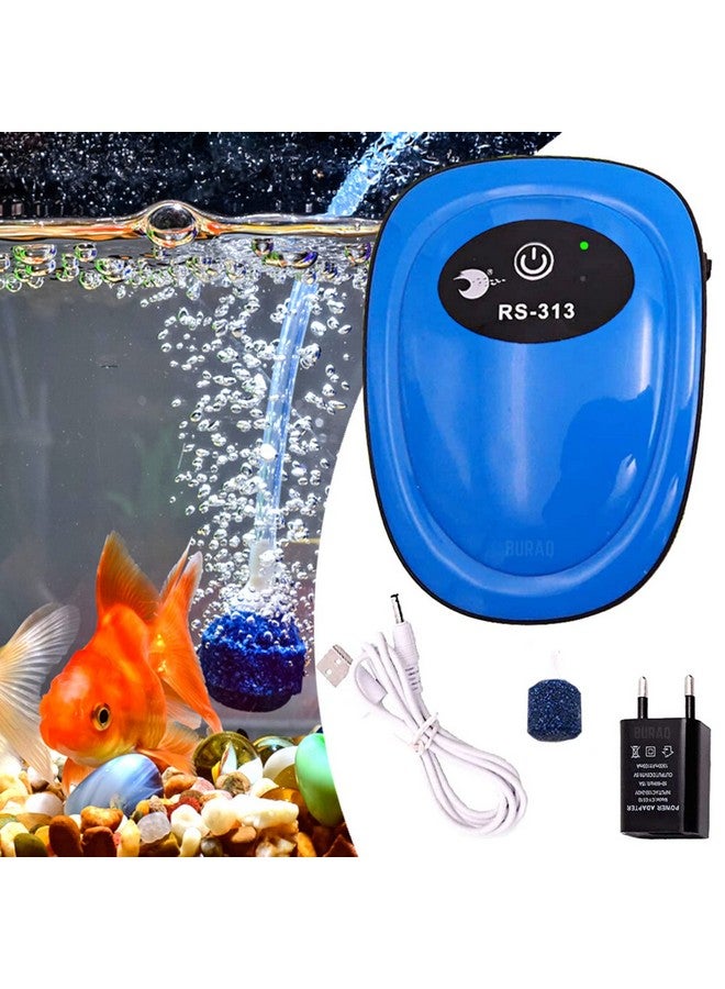 BURAQ Usb Rechargeable Aquarium Ultra Silent Air Pump Ac/Dc Dual Speed Air Bubbler For Fish Tank Aquarium Oxygen Pump Motor With Airline Tube & Air Stone (Power- 1W - Bu-313,5 Liters_Per_Minute) - Image 1