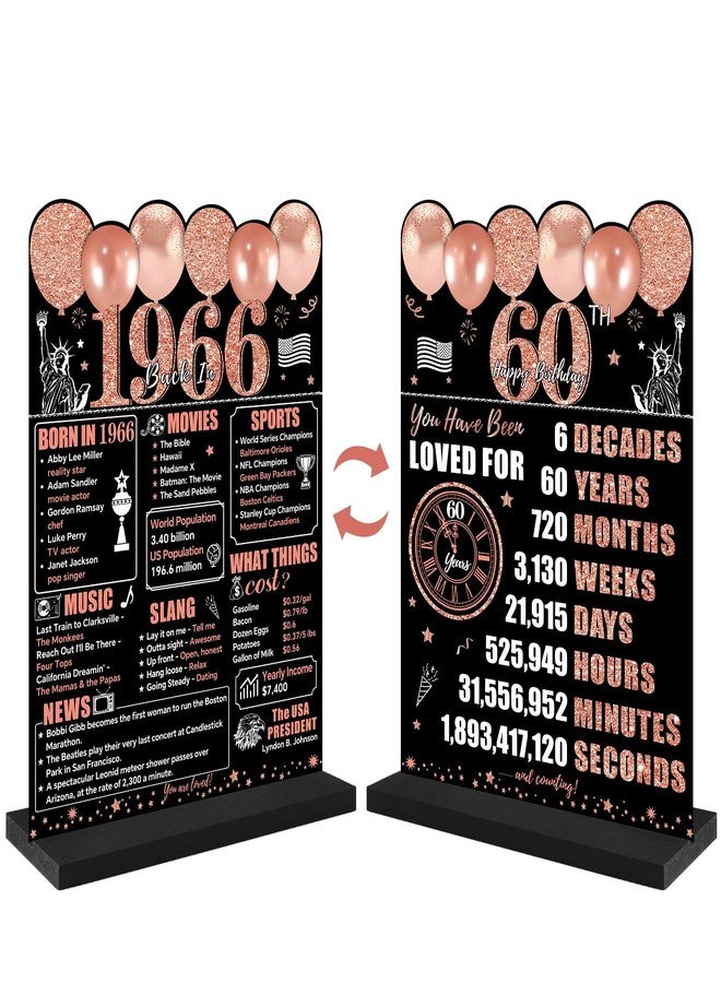 Guiruiy Rose Gold 60th Birthday Decorations for Women, Two-Sided Vintage 60 Back in 1966 Theme Poster Wooden Table Sign with Stand, Sixty Years Old Bday Centerpieces Display Holder for Table Decor - Image 1