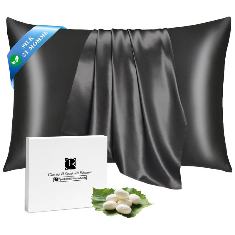 Ravmix Silk Pillow Cases with Zipper, 21momme Mulberry Silk Pillowcase for Hair Skin Health, Soft Smooth Breathable Cool Pillow Cover for Beauty Sleep with Gift Box 1PC(King 20"x36", Black)
