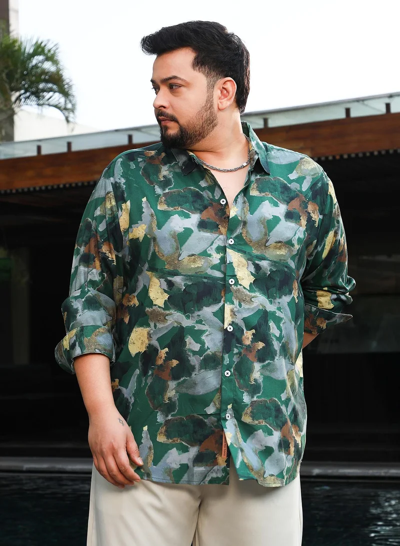 انستافاب بلس قميص رجالي مقاس كبير بطبعة نباتية خضراء وزرقاء للاستخدام اليومي بياقة عادية وأكمام طويلة بأزرار