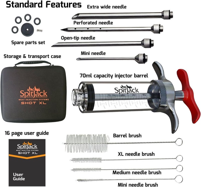 SPITJACK SHOT XL Meat Injector Syringe for Smoking. Turkey Marinade and Brisket Flavor Injection Kit. BBQ Accessories and Cooking Gift for Men. Stainless Steel 4 Needles, Case, 70ml Capacity. - Image 2