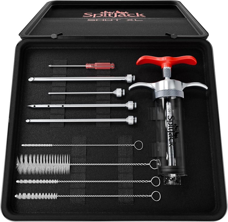 SPITJACK SHOT XL Meat Injector Syringe for Smoking. Turkey Marinade and Brisket Flavor Injection Kit. BBQ Accessories and Cooking Gift for Men. Stainless Steel 4 Needles, Case, 70ml Capacity. - Image 1