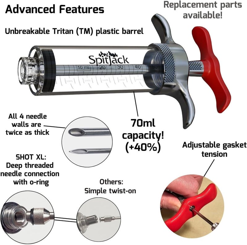 SPITJACK SHOT XL Meat Injector Syringe for Smoking. Turkey Marinade and Brisket Flavor Injection Kit. BBQ Accessories and Cooking Gift for Men. Stainless Steel 4 Needles, Case, 70ml Capacity. - Image 3