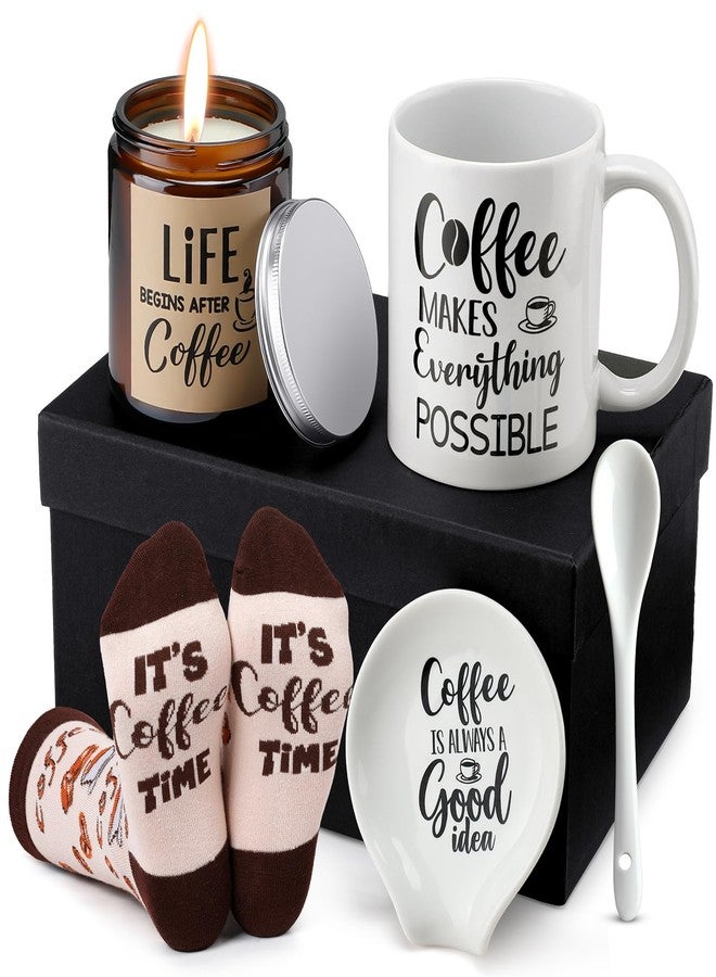 Vabean 5 Pieces Coffee Gift Basket for Women - Coffee Lover Gifts Set Includes Mug and Spoon Rest Holder, Candle and Socks, Basket Mothers Day Gift Idea for Men Women Birthday - Image 1