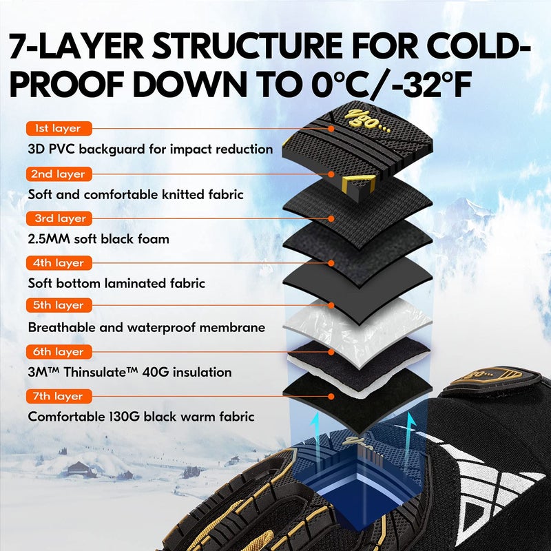 Vgo... Vgo 1 Pair Winter Mechanic Work Gloves, 0°C/32°F Coldproof Waterproof Impact Gloves, Heavy-Duty, Anti-Vibration (Size XL, Black, SL8849FW) - Image 2