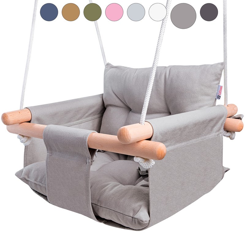CaTeam - Canvas Baby Swing, Wooden Hanging Swing Seat Chair with Safety Belt, Durable Baby Swing Chair, Outdoor and Indoor Swing for Kids, Mounting Hardware Included, Taupe Gray - Image 1