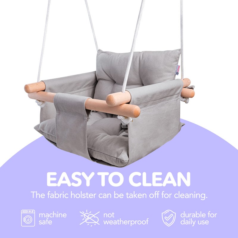 CaTeam - Canvas Baby Swing, Wooden Hanging Swing Seat Chair with Safety Belt, Durable Baby Swing Chair, Outdoor and Indoor Swing for Kids, Mounting Hardware Included, Taupe Gray - Image 5