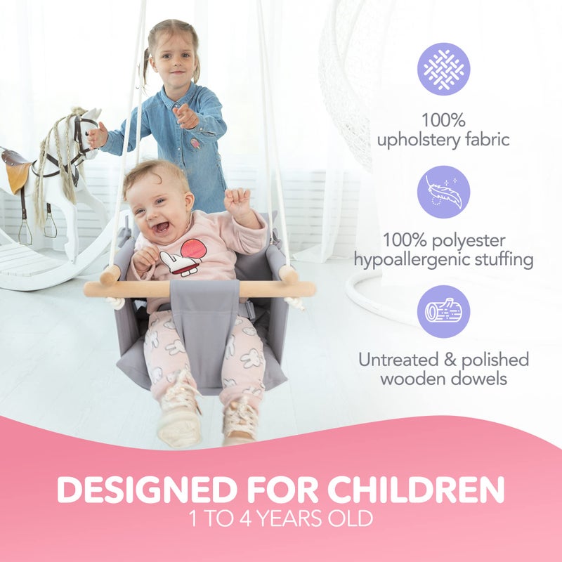 CaTeam - Canvas Baby Swing, Wooden Hanging Swing Seat Chair with Safety Belt, Durable Baby Swing Chair, Outdoor and Indoor Swing for Kids, Mounting Hardware Included, Taupe Gray - Image 2