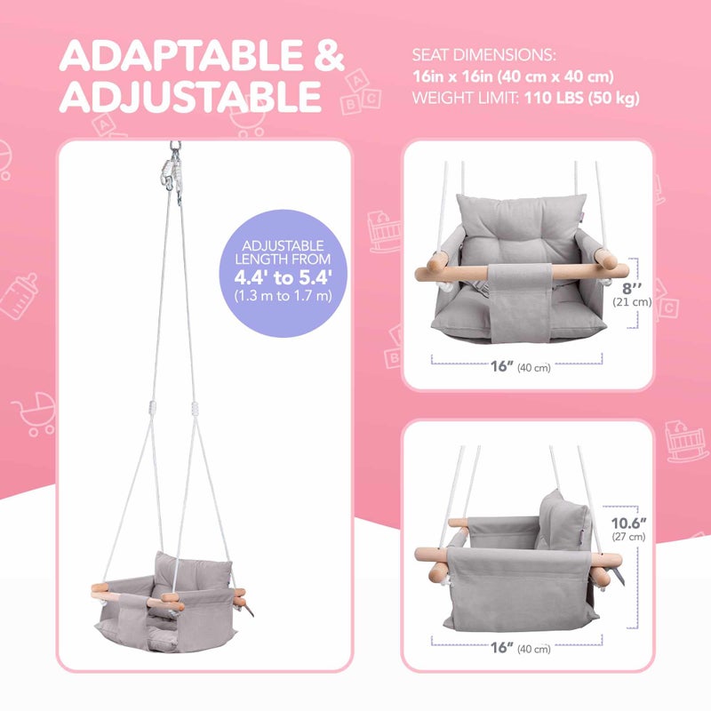 CaTeam - Canvas Baby Swing, Wooden Hanging Swing Seat Chair with Safety Belt, Durable Baby Swing Chair, Outdoor and Indoor Swing for Kids, Mounting Hardware Included, Taupe Gray - Image 4