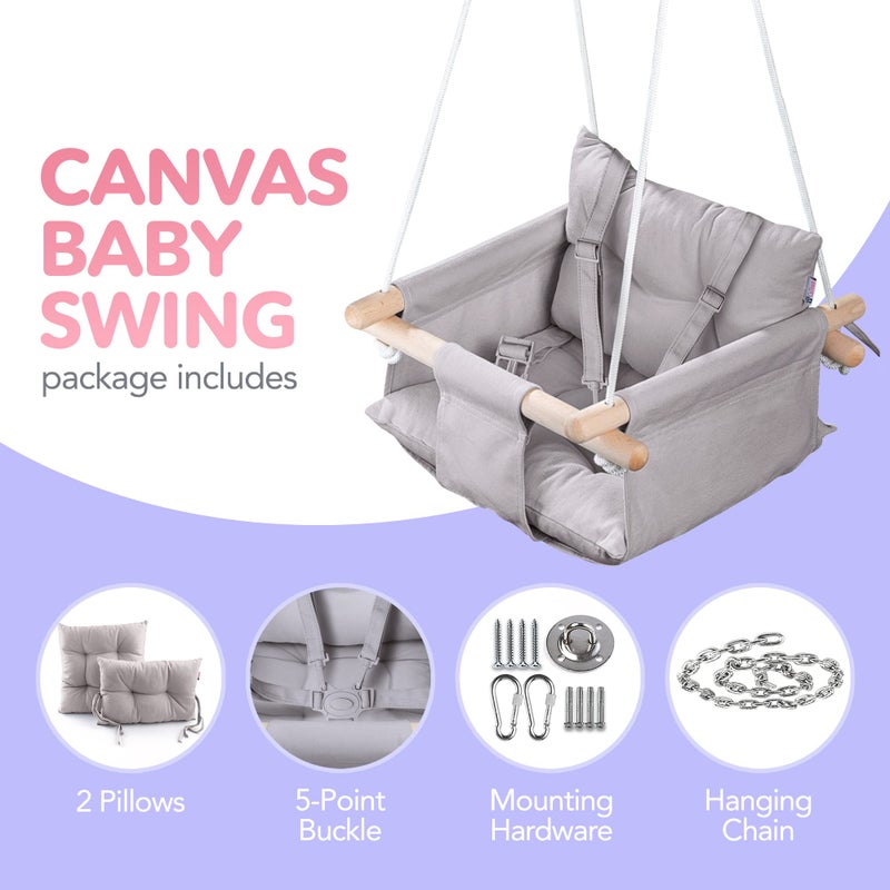 CaTeam - Canvas Baby Swing, Wooden Hanging Swing Seat Chair with Safety Belt, Durable Baby Swing Chair, Outdoor and Indoor Swing for Kids, Mounting Hardware Included, Taupe Gray - Image 3