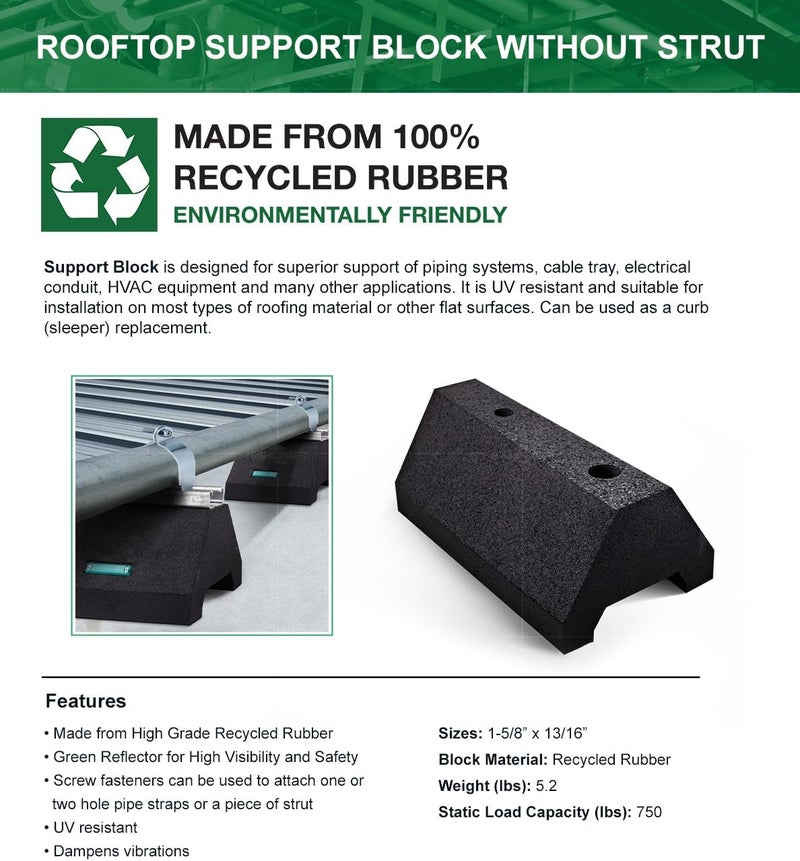 HIGHCRAFT STC-10 Rooftop Pipe Support Block- Sleeper Curb Replacement- Solid Conduit Standoff Cradle- 750 lb. Capacity- 5-3/4 x 9-3/4 in., High Grade Recycled Rubber - Image 2