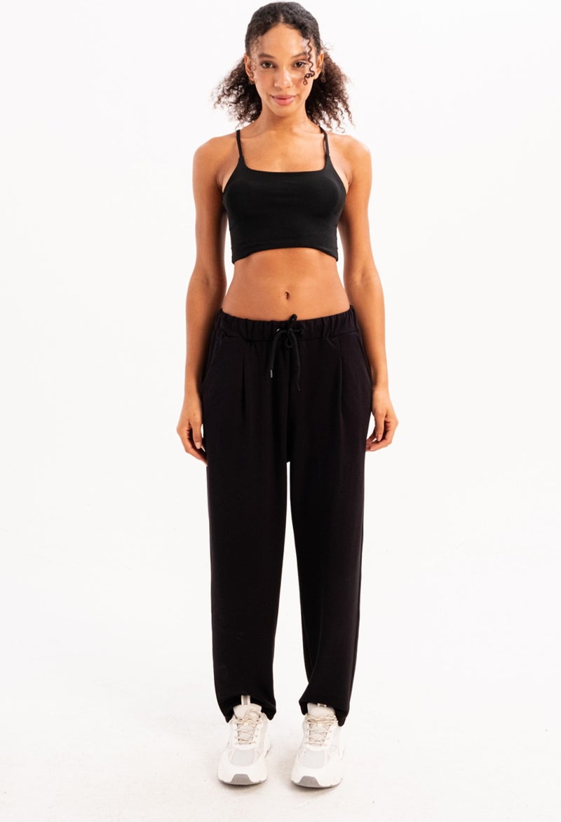 Justever Oversize Fit Elastic Waist Pocket Relaxed Cut Black Women's Sweatpants - Flex  - Image 1