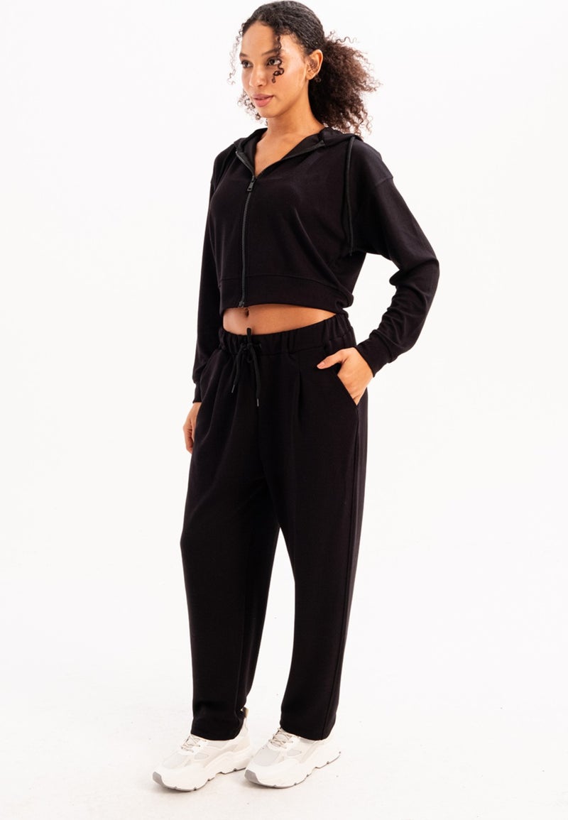 Justever Oversize Fit Elastic Waist Pocket Relaxed Cut Black Women's Sweatpants - Flex  - Image 4