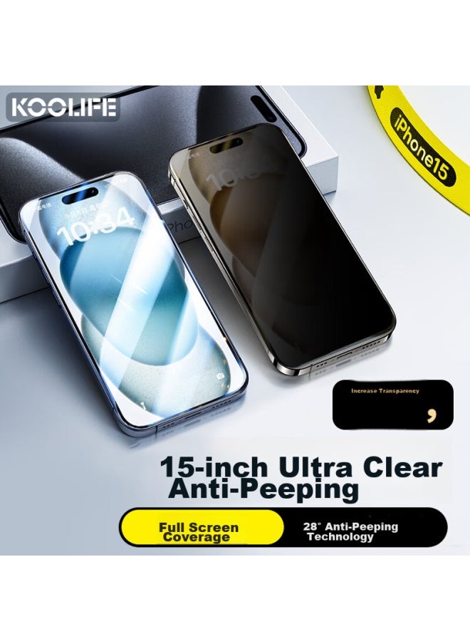Koolife Compatible With Apple 15 Tempered Glass Screen Protector, Privacy Protection, Iphone 15 Phone Film, Dust-proof, Shockproof, Full Screen Coverage, Glass Anti-peeping - Image 1