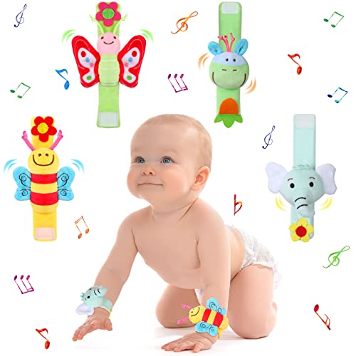 Jerify 4 Pcs Baby Wrist Rattles Animal Pattern Newborn Rattle Wrist Foot Toy for Babies Boy Girl Infant Birthday Gifts Educational Toys, 4 Designs - Image 1