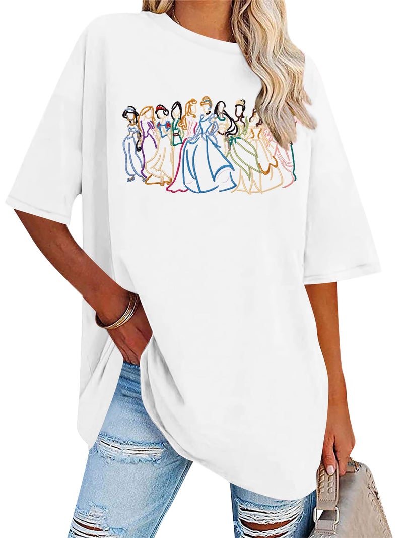 BANGELY Magical Shirt Women Cute Embroidered Magic Princess T-Shirt Family Vacation Shirt Casual Short Sleeve Tee Top White - Image 1