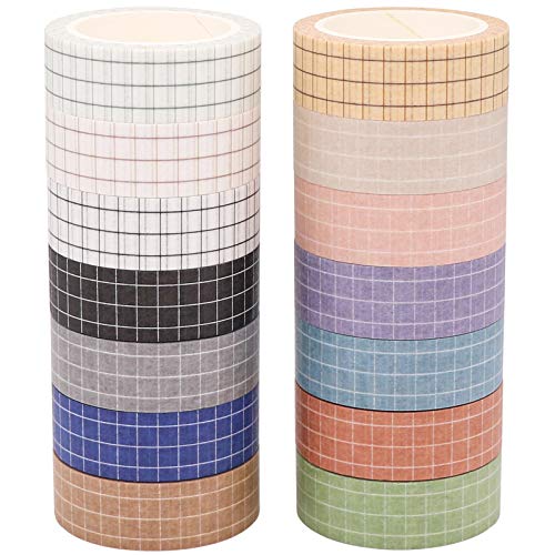 Knaid Grid Washi Tape Set, 14 Rolls of 15 mm Wide Decorative Colored Masking Tapes for Scrapbooking, DIY Decor and Crafts, Bullet Journals, Planners, Junk Journal, Gift Wrapping - Image 2