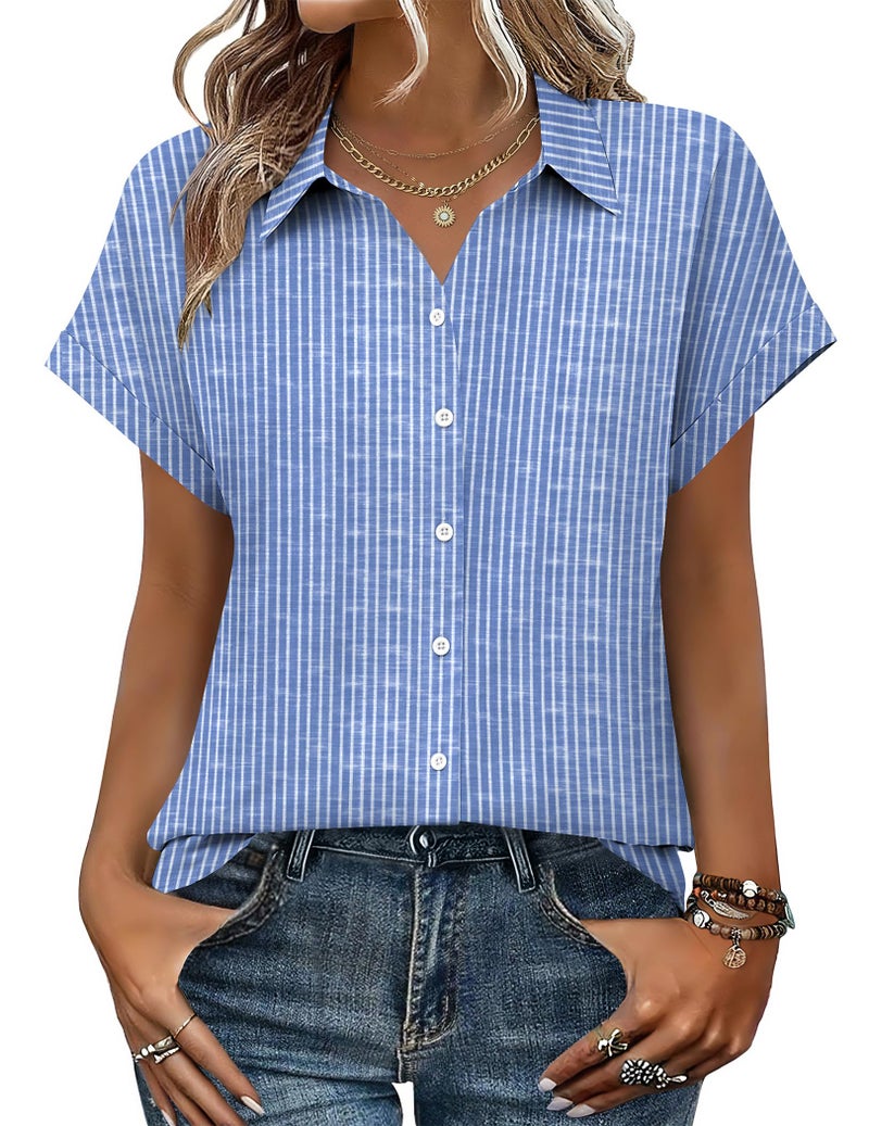 Zeagoo Women Blouses Short Sleeve Button Down Shirt V Neck Striped Comfortable Top Beach Vacation Clothes - Image 1