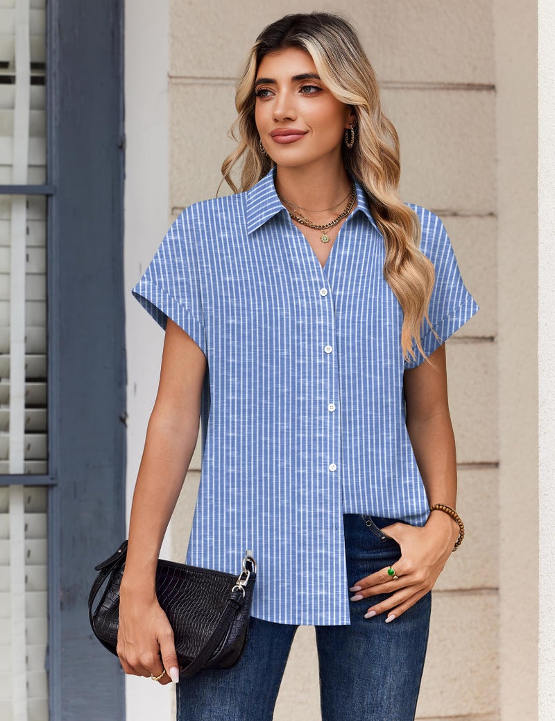 Zeagoo Women Blouses Short Sleeve Button Down Shirt V Neck Striped Comfortable Top Beach Vacation Clothes - Image 4