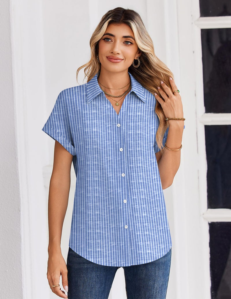 Zeagoo Women Blouses Short Sleeve Button Down Shirt V Neck Striped Comfortable Top Beach Vacation Clothes - Image 5