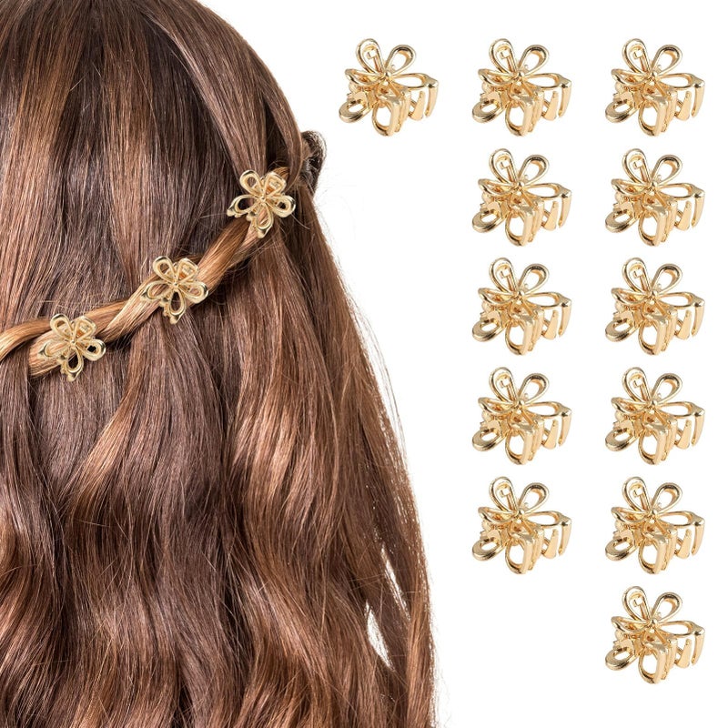 Aesnoun 12 Pack Small Gold Flower Hair Clips for Women Girls, Tiny Metal Claw Clips with Sparkling Floral Design, Nonslip Bangs Accessories, Cute Floral Hair Decorations, Mini Christmas Set - Image 1