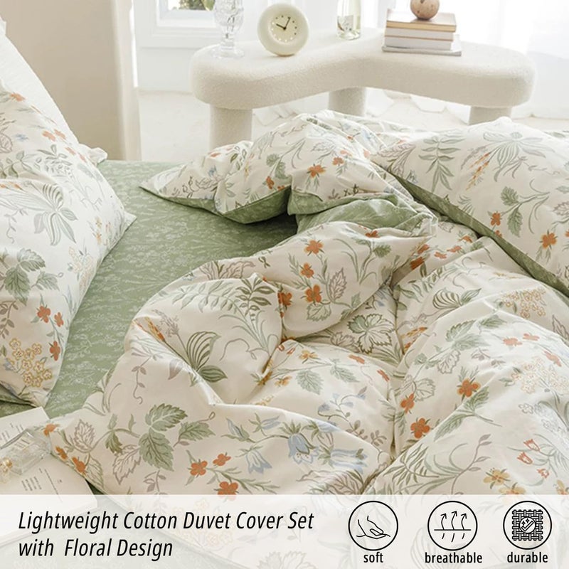 ALEISSEL 100% Natural Cotton 3pcs King Duvet Cover Sets-Green Duvet Cover with Red & Blue Flowers,Gray Leaves on Off-White,Reversible Comforter Cover Sets with Button Closure(King,Floral - Image 3
